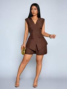 SOLERSUN 女士优雅纯色无袖西装外套和高腰短裤套装，时尚通勤工作装 - 咖啡棕 - 查看 5