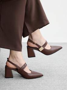 CUCCOO BIZCHIC 女士时尚杏色金属搭扣装饰粗跟鞋，经典简约设计，适合通勤、约会、派对、度假、婚礼等场合。 - 鏽棕色 - 查看 5