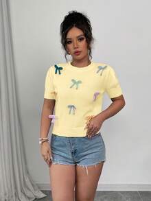 Selianne 女士优雅甜美3D蝴蝶结圆领插肩短袖套头针织衫 - 黃色 - 查看 5