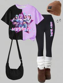 1 Set de Camiseta de manga corta con cuello redondo y leggings de estilo casual con estampado de dibujos animados y bloques de color morado y negro para niñas preadolescentes, adecuado para salidas en primavera/verano
