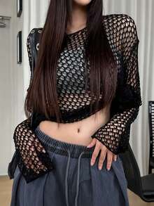 DAZY Women's Hollow Design Casual Lightweight Cover Up Sweater Spring - Black - View 9