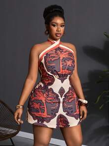 Veslaya 2026 早春大码女式休闲度假复古撞色印花交叉露背连体衣 - 彩色 - 查看 4