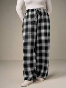 SHEIN Tall CURVE 大码女式宽松圣诞红色格子抽绳腰带工装裤，带口袋，保暖内衬 - 黑與白 - 查看 5