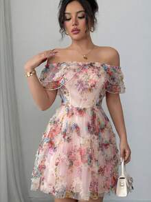 Elenzga Women's Elegant Floral Print Chiffon Off Shoulder Flowy A-Line Mini Dress, Spring/Summer - Multicolor - View 4