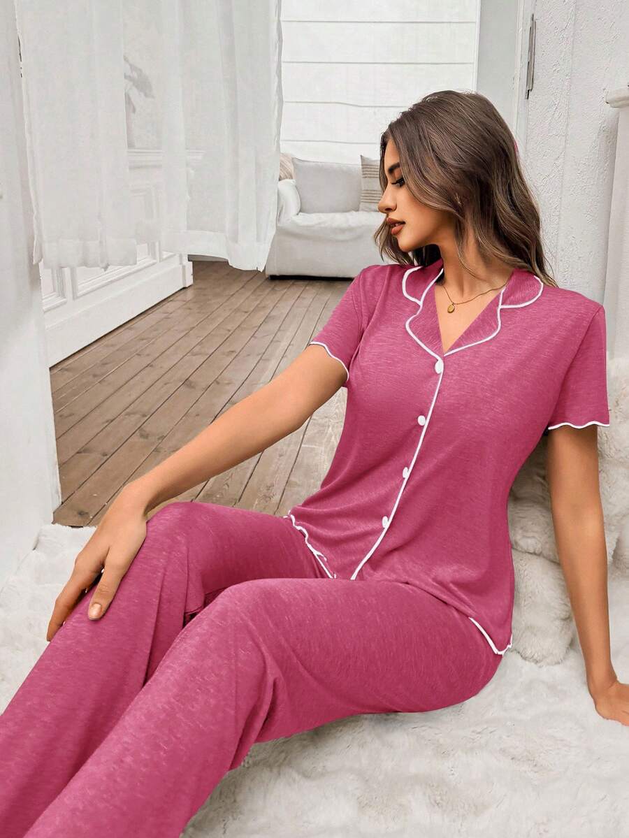 SHEIN Women's Classic Simple Style Lapel Open Front Ruffle Trim Lightweight Knit Fabric Short Sleeve Top And Pants, Casual Loungewear 2 Pieces Set - Hot Pink - View 1