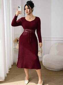 Modelyn Plus Size Elegant Commuter Solid Color Tie Waist Knit Dress - Burgundy - View 2