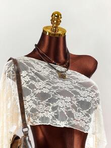 Amplova Romantic Boho New Lace Sheer Asymmetric Shoulder Cover Up Top & Tie-Up Mini Skirt 2-Piece Set For Women - Apricot - View 4