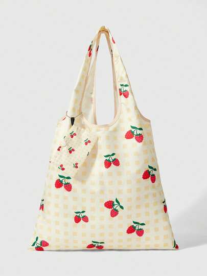 Kawaii حقيبة تسوق مربعات صفراء مطبوع عليها فراولة، مناسبة للتنقل اليومي