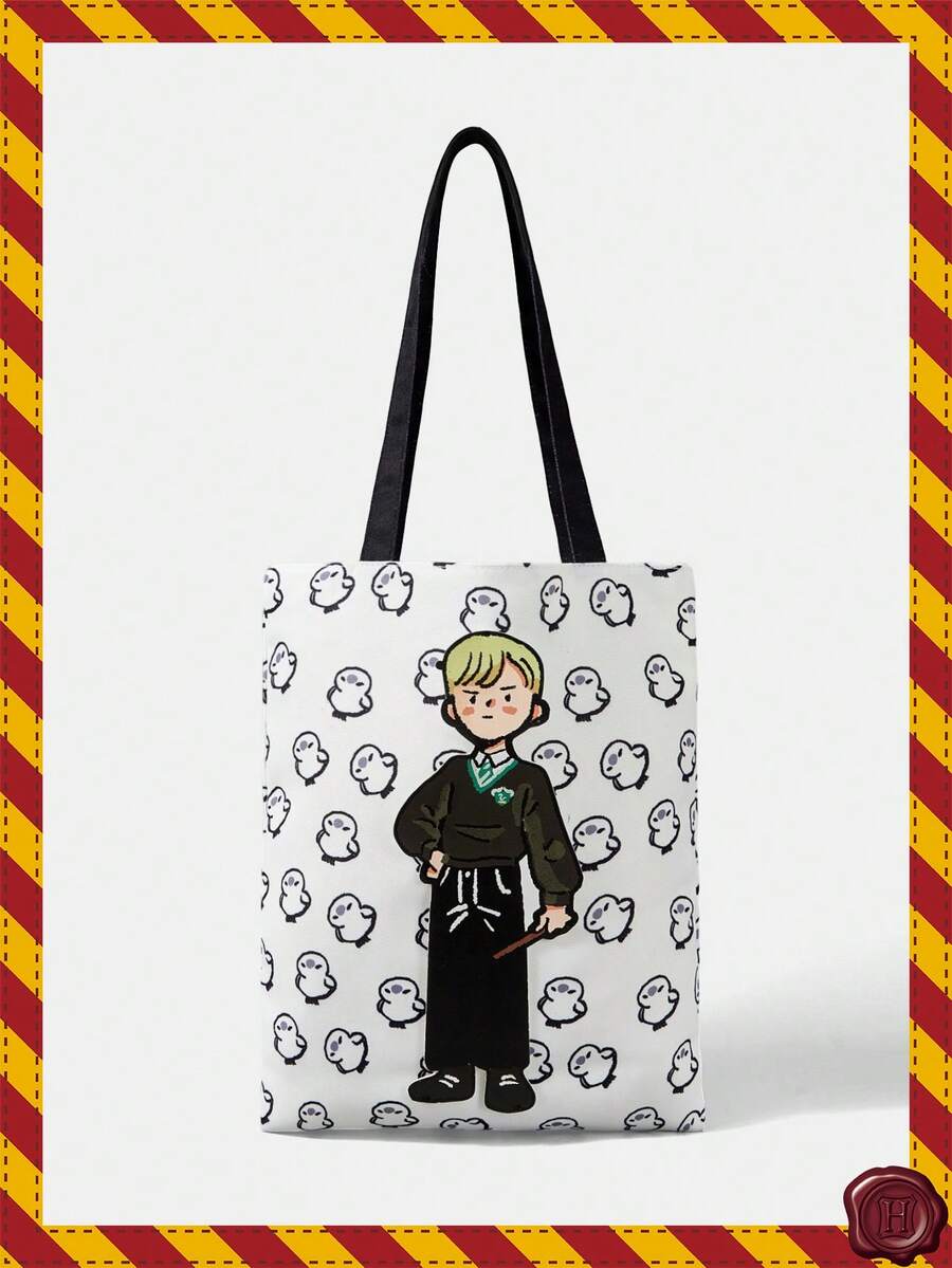 HARRY POTTER X SHEIN A Fashionable Cartoon Cute Embroidered Canvas Bag - White C - View 1