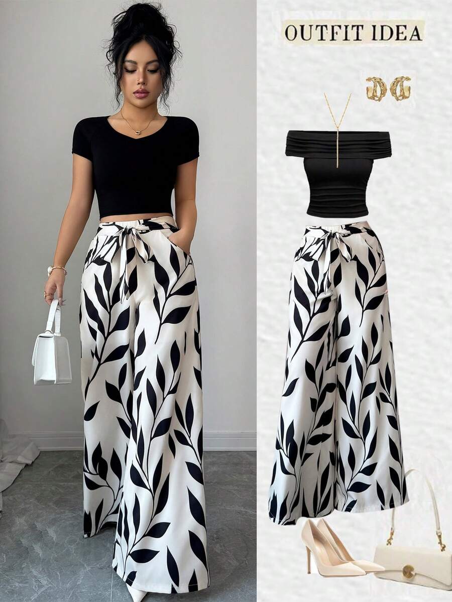 Elenzga Women's Elegant Printed High Waist Loose Wide Leg Pants, Casual Loose High Waist Extra Long Wide Leg Pants, Spring/Summer Fashion Trousers - Apricot - View 1