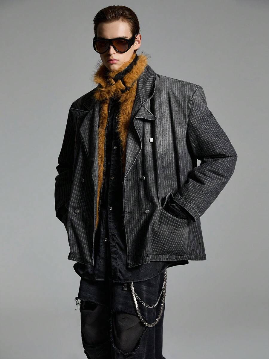 NEON BLANC Men Street Style Striped Double-Breasted Denim Long Sleeve Blazer, For Fall Winter