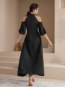 Al Najma Women's Floral Print Hollow Out Stand Collar Arabic Style Dress - Black - View 2