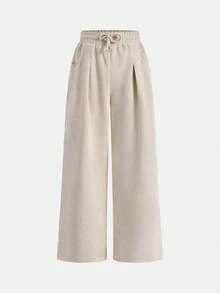 SHEIN 少女休闲复古灯芯绒宽松长裤，秋冬季 - 杏色 - 查看 6