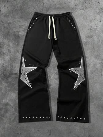 Pantaloni della tuta da uomo con stampa a pentagono, vita con coulisse e tasche, gamba ampia e morbida