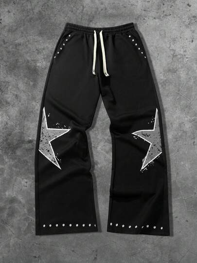 Herren Jogginghose mit Pentagramm Muster, Kordelzug Taille, Taschen und weitem Bein