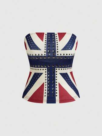 Grunge Punk Top bandeau avec imprimé du drapeau du Royaume-Uni et strass, style rétro Y2K pour femmes