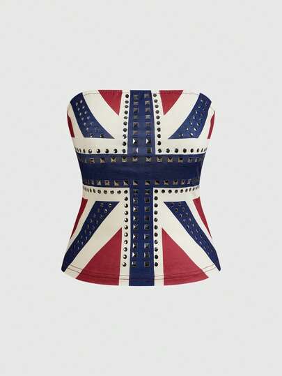 Grunge Punk Top bandeau avec imprimé du drapeau du Royaume-Uni et strass, style rétro Y2K pour femmes