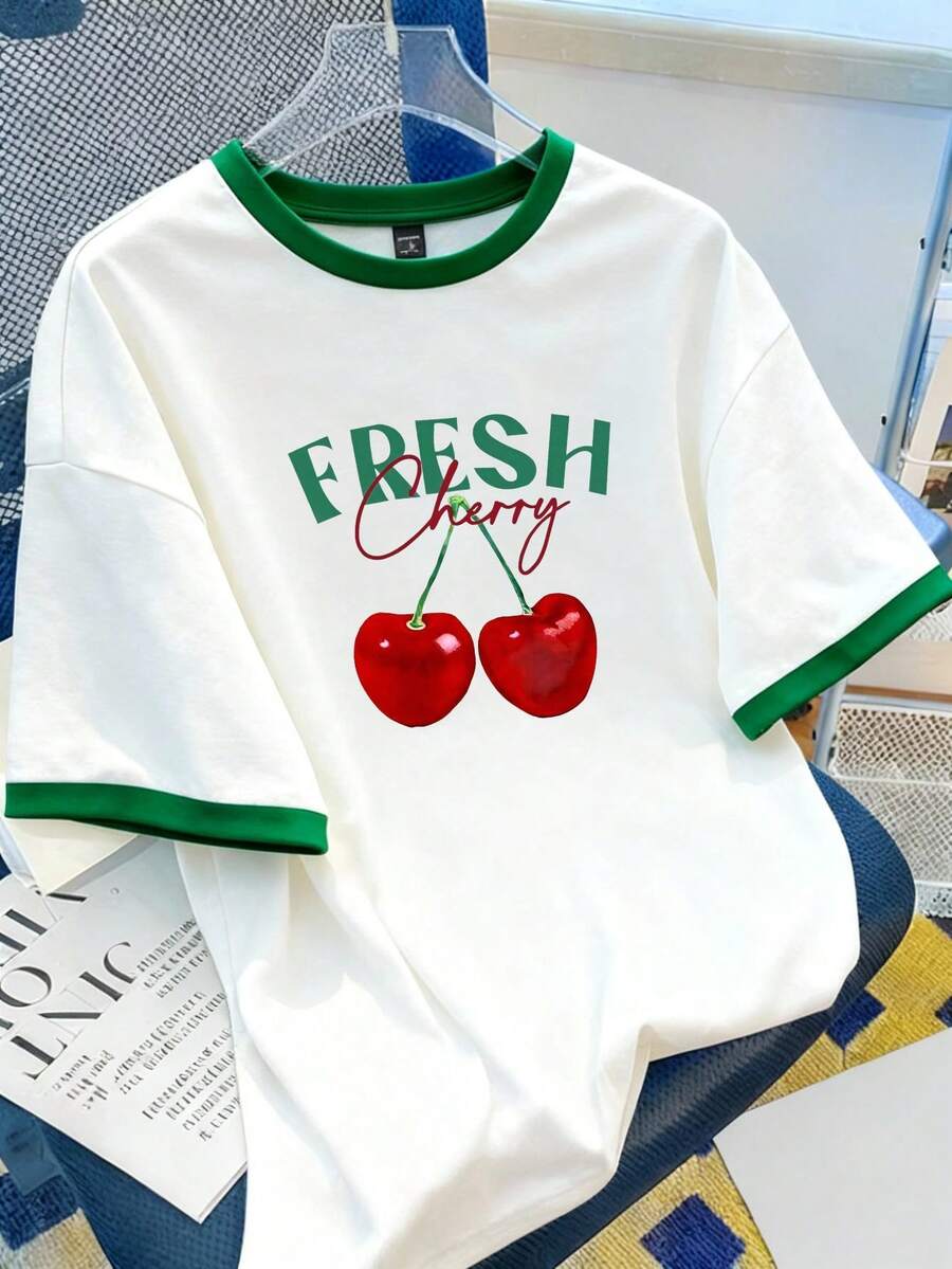 Manfinity Joysei Standard Size Men's Cherry Pattern Green Sleeve Splice T-Shirt - White - View 1