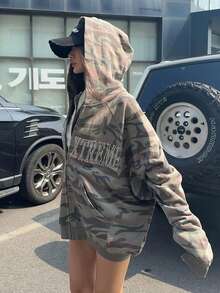 INAWLY Áo khoác trùm đầu họa tiết camo thường ngày dành cho nữ có túi và trang trí pha lê, dáng rộng, mùa xuân/hè - Nhiều màu - Xem 4