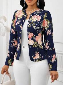 SHEIN Lady 優雅女款海軍藍花卉印花西裝外套，春夏長袖薄款夾克，適合辦公室工作、通勤商務休閒開襟西裝外套 - 藏蓝色 - 查看 6