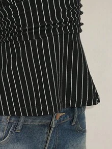 SHEIN ICON 女士吊带深V领收腰A字露背条纹吊带衫 - 黑色 - 查看 10