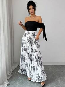 Elenzga Đầm trễ vai xếp ly thắt nơ dây buộc, thiết kế 2 trong 1, họa tiết hoa đen trắng phối màu ngẫu nhiên, ôm eo tôn dáng, kiểu dáng Pháp thanh lịch, thích hợp cho cả đi nghỉ mát và công sở, dáng chữ A tay ngắn. - màu đen - Xem 6