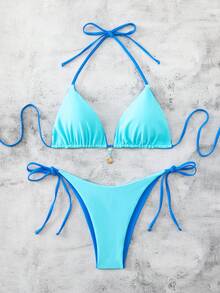Swim Vcay Bộ bikini cổ yếm màu trơn dành cho nữ, thích hợp cho kỳ nghỉ biển. - Màu xanh lam - Xem 10