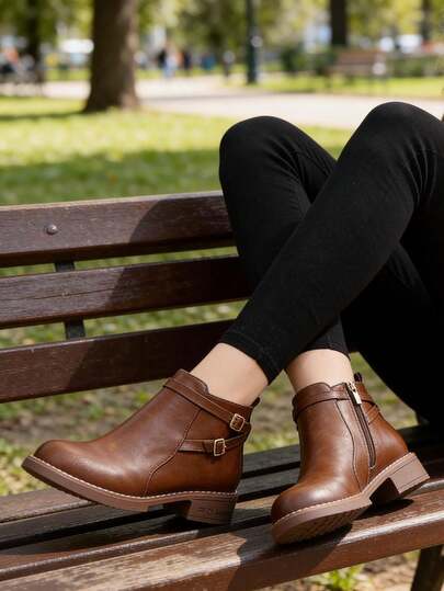 Botas de tacón bajo para mujer, botas de cuero, con cierre de hebilla, botines para mujer, elegantes y cómodos.