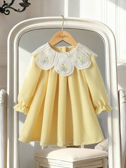 Souflis Souflis Baby Girls' Lightweight Floral Collar Long Sleeve A-Line Dress, Elegant Suitable For Spring/Summer, Soft & Gentle Fabric For Delicate Skin Yellow Dress For Baby Girl Yellow Vintage Baby Girl Clothes Toddler Dress Peter Pan Collar Yellow