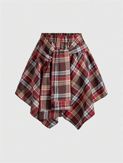 Grunge Punk Gonna asimmetrica a strati con laccio frontale in plaid vintage consumato per donna