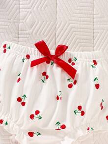 SHEIN 女婴夏季新款樱桃印花背带套装+发带 - 紅白色 - 查看 4