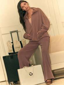 GLOWMODE 30'' Modal Fleece Wide Leg High Waist Adjustable Drawstring Waist Joggers Pants With Side Pockets Daily Casual - Warm Clay - View 5