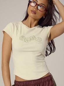 MUSERA Fitted Cropped Scoop Neck Cap Sleeve Graphic Tshirt Spring, Girly, Day Outfits, Cute, Casual Sweet Pea - Cream - View 2