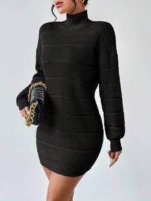 SHEIN Raffinéa 素色高領休閒針織紋理套頭洋裝 - 黑色 - 查看 3