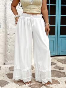 Sunnyshic Casual Loose Lace Trim Wide Leg Lantern Elastic Waist Retro Women Pants