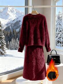 GlowEve 女士优雅毛衣和人造皮草半身裙套装，秋冬款 - 紅色 - 查看 2