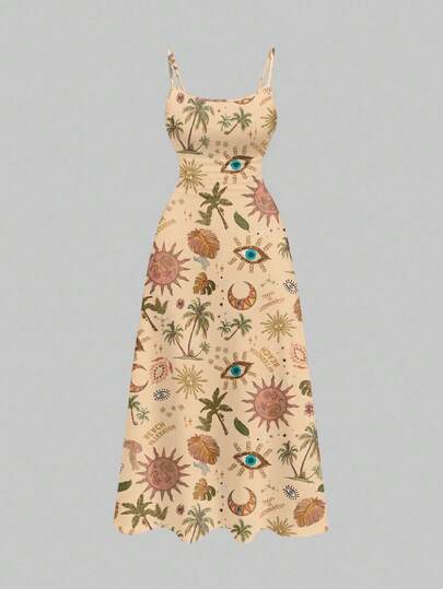 ROMWE Fairycore Sukienka damska Vacation Hippie Eye Palm Tree z marszczeniami i dekoltem w serek w kształcie litery A