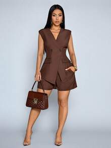 SOLERSUN 女士优雅纯色无袖西装外套和高腰短裤套装，时尚通勤工作装 - 咖啡棕 - 查看 1