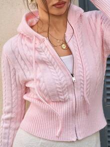 Cévolie Women's Cable Pattern Long Sleeve Zip-Up Hooded Cardigan - Pink - View 6