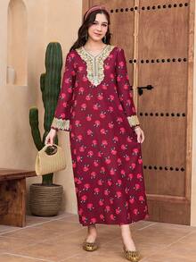 SHEIN Langes Kleid für Teenager-Mädchen mit gewebtem Platzierungsdruck und goldenem Applikation, locker geschnitten, geeignet für Reisen, Urlaub, Landstil, lässigen Badeort, Boho-Stil, passend zu Schwester- und Eltern-Kind-Outfits - Bordeaux - Übersicht 4