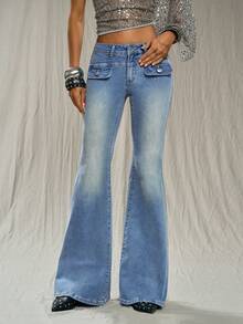 TRNVIE 女士高腰休闲百搭喇叭牛仔裤 - 藍色 - 查看 4