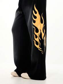 SUMWON WOMEN Oversized Washed Black Sweatpants With Orange Flame Print Wide Leg Drawstring Waist Casual Loungewear Pants - Black - View 4