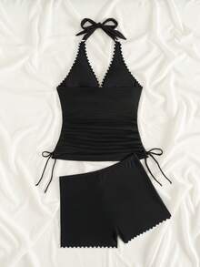 Swim Lushoire Elegant Women's Black Halter Sleeveless Rib Knit Tankini With Knot Detail And Colorblock Shorts - Black - View 9