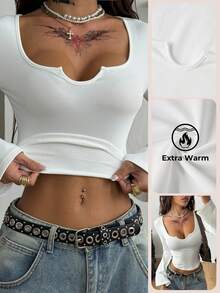 Coolane Camiseta de franela cómoda y cálida/fresca para mujer, esencial básica de uso diario, minimalista, para salir, volver al colegio, con cuello entallado - Beis - Ver 1