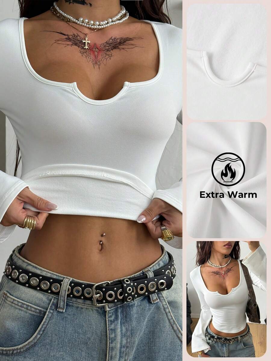 Coolane Camiseta de franela cómoda y cálida/fresca para mujer, esencial básica de uso diario, minimalista, para salir, volver al colegio, con cuello entallado - Beis - Ver 1