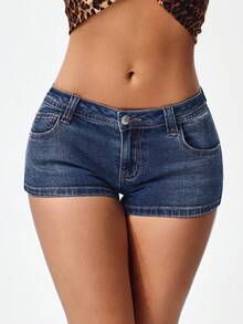 SHEIN PETITE 女士性感紧身牛仔短裤，弹力竹纤维面料，春夏款 - 深色水洗藍 - 查看 1