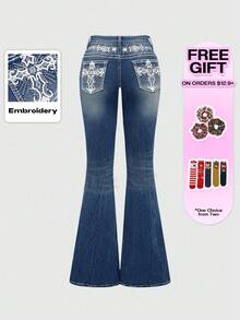 ROMWE Grunge Punk Y2K Retro Midriff-Baring Pocket Cross Wing Embroidery Fitted Flare Leg Women Jeans