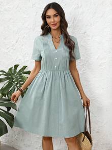 Faunlyn Robe courte décontractée pour femme, col cranté, couleur unie, convient pour les vacances - Vert clair - Voir 7