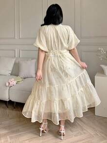 Dazy Plus Plus Size Valentine Elegant Contrast Lace Frill Trim Puff Sleeve Waist Cinched Dress, Flattering Fit For Vacation & Date Sundress - Apricot - View 3