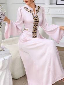 Al Najma Elegant Luxurious Beaded Flare Sleeve Waist Slimming Flared Dress - Pink - View 6